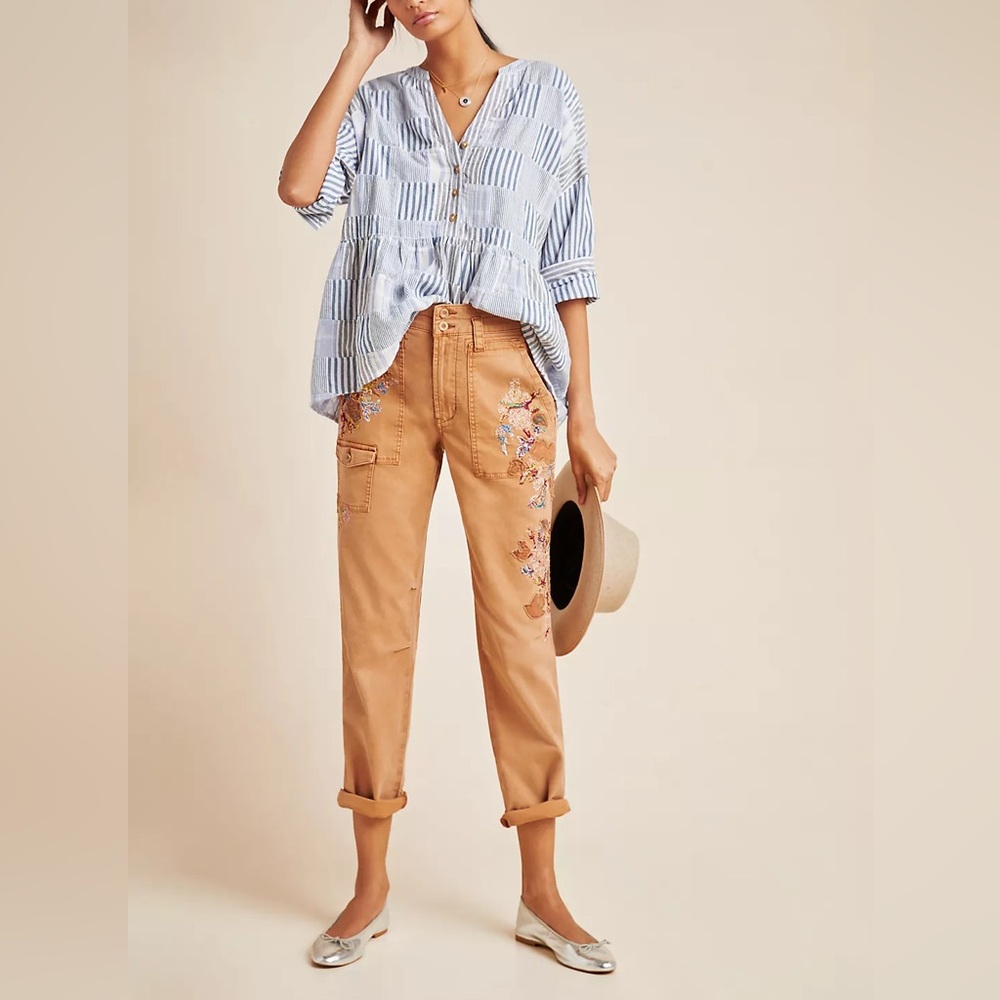 Anthropologie Beige Embroidered Utility Pants
